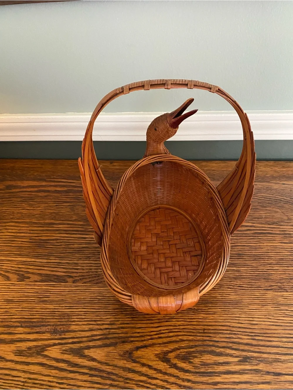 Vintage Woven Wicker Rattan Duck Basket Angled Neck Wood Beak Eyes